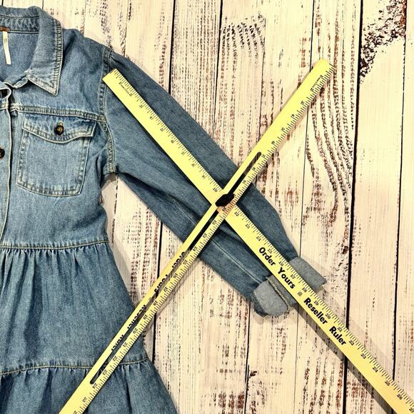 Free People Nicole Shirt Dress Small Blue Denim Tiered Mini Boho Long Sleeve - Picture 6 of 9